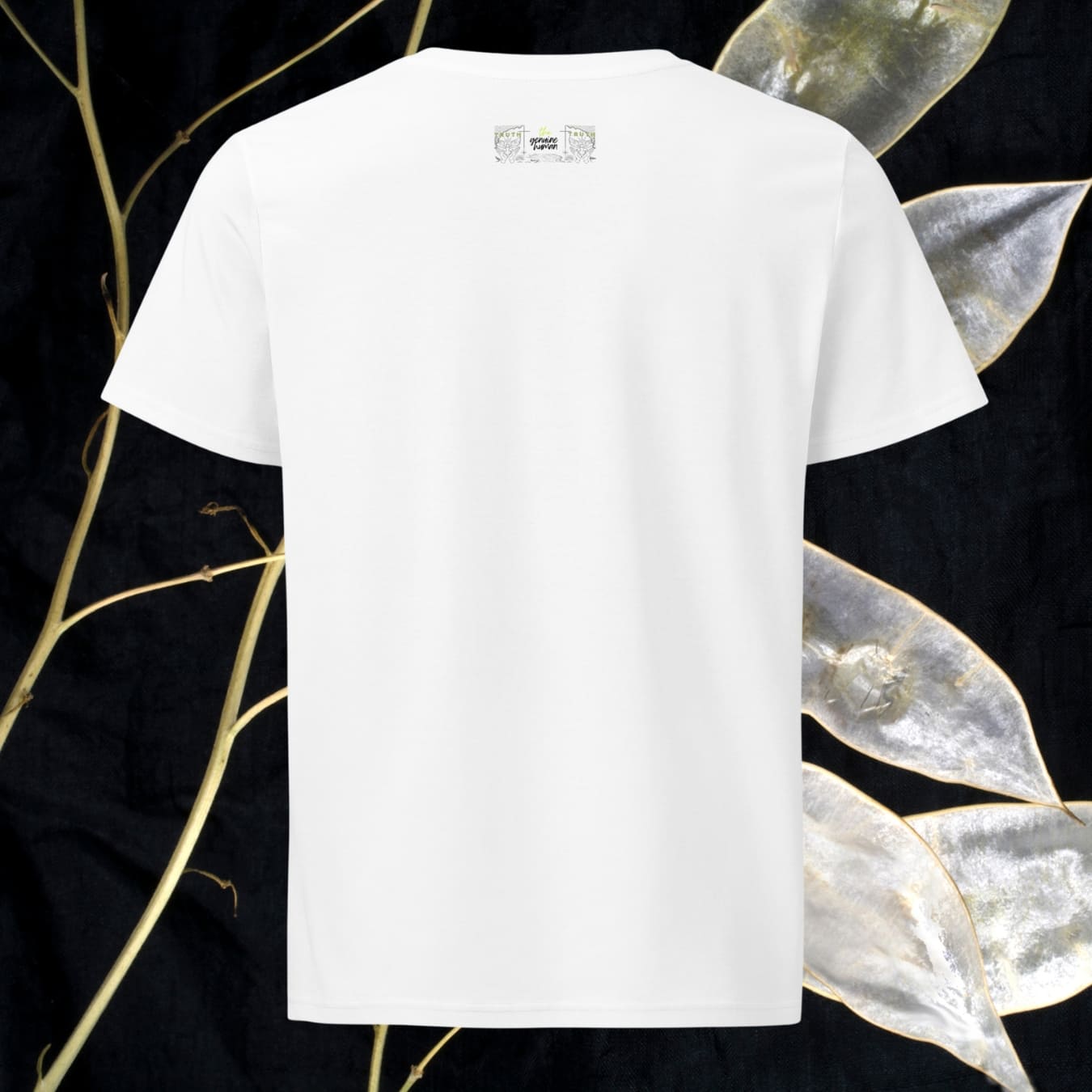 white tshirt with logo on botanical photographic background