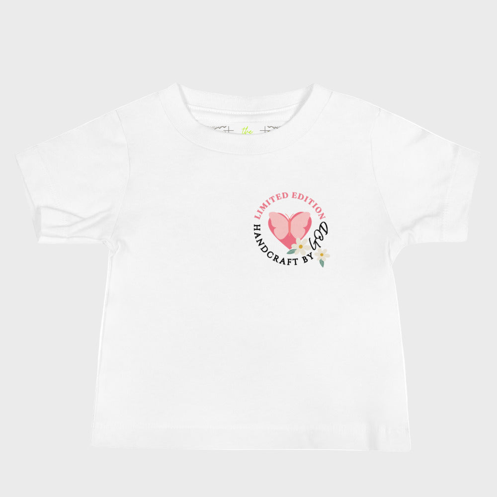 Product mockup white baby tshirt with pink heart and butterfly text design