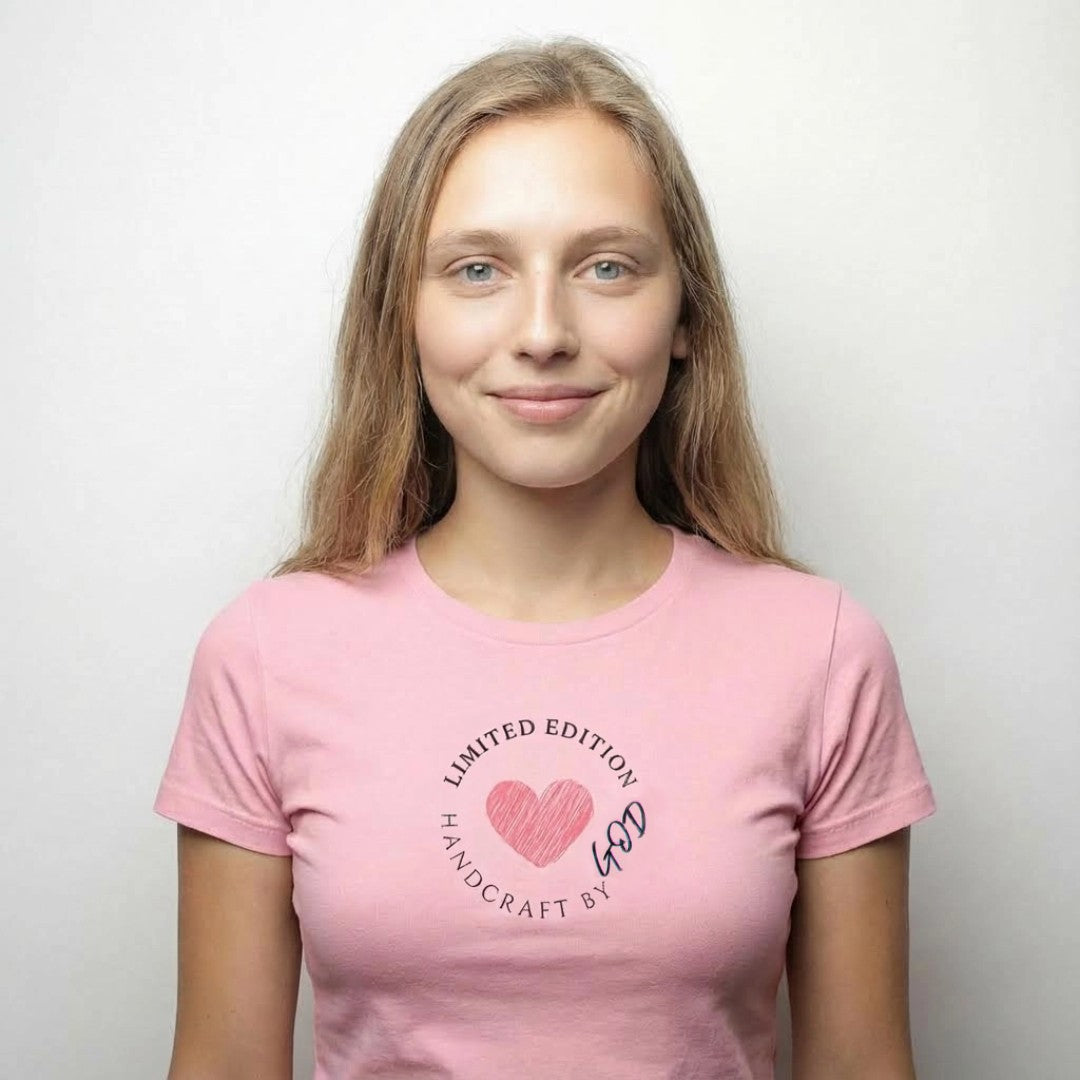 Person wearing a pink t-shirt with a heart design and text on a plain 