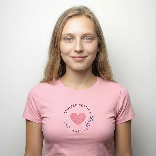 Person wearing a pink t-shirt with a heart design and text on a plain 