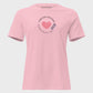 Pink t-shirt with text and heart design on a light gray background