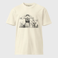 Beige t-shirt with black graphic design featuring Jesus and text on a light gray background