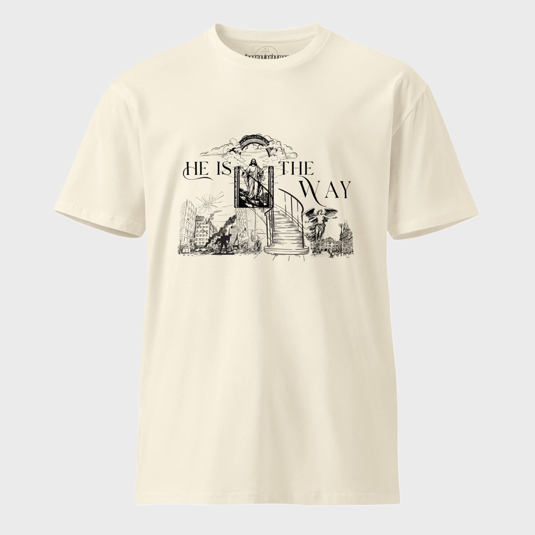 Beige t-shirt with black graphic design featuring Jesus and text on a light gray background
