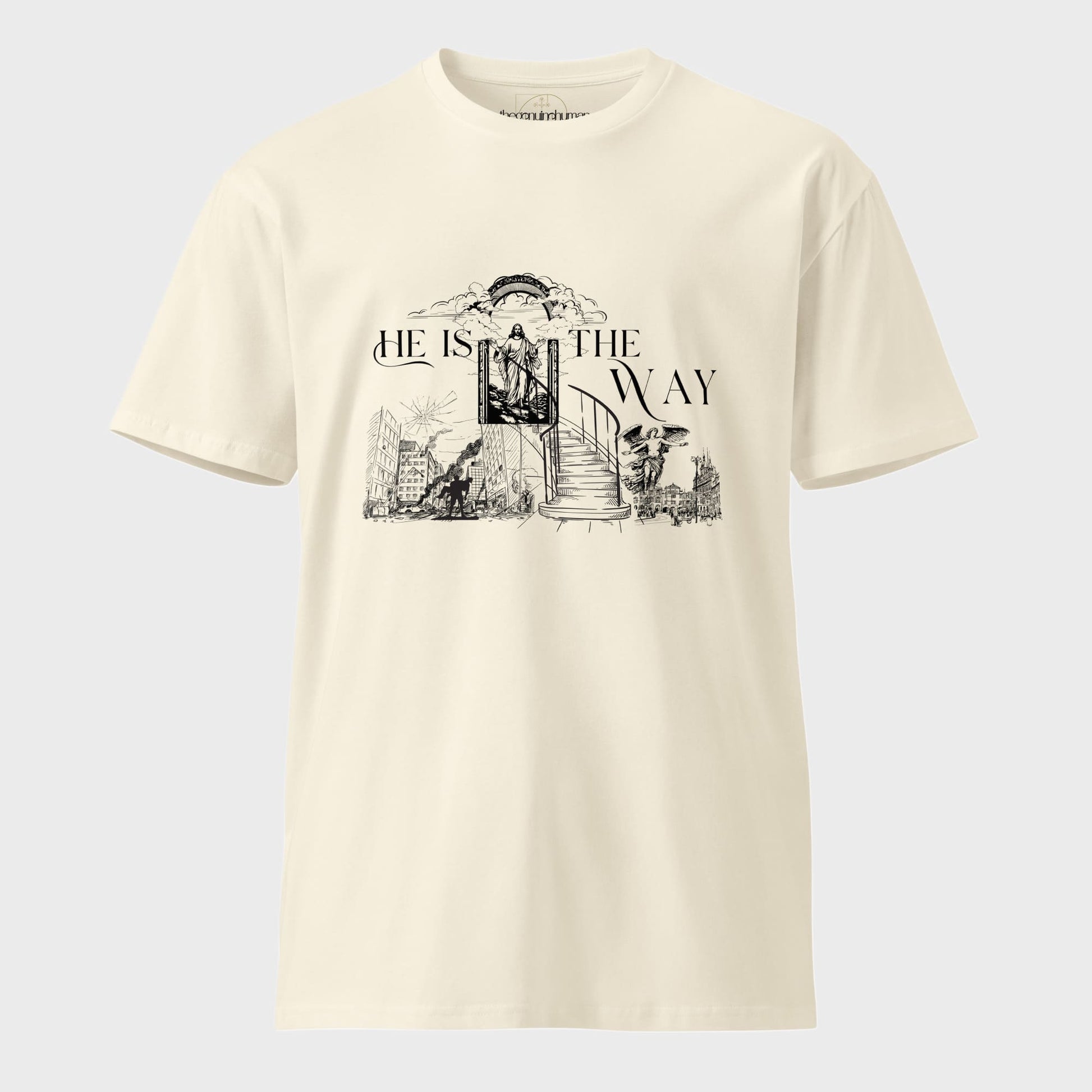 Beige t-shirt with black graphic design featuring Jesus and text on a light gray background