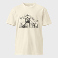 Beige t-shirt with black graphic design featuring Jesus and text on a light gray background