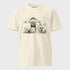 Beige t-shirt with black graphic design featuring Jesus and text on a light gray background