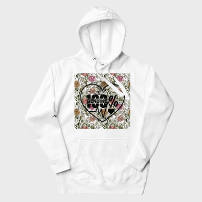 White hoodie with a floral graphic design on a white background