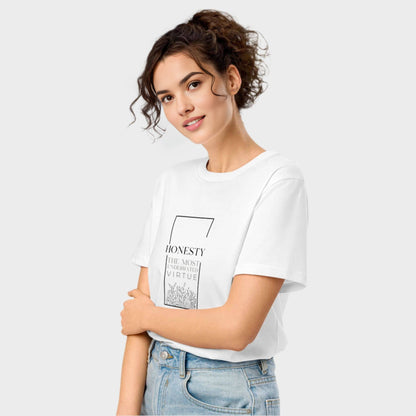 Woman wearing white t shirt with text design HONESTY