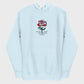 Light blue hoodie with a red rose graphic and text on a light gray background