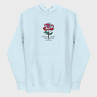 Light blue hoodie with a red rose graphic and text on a light gray background