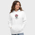 Woman wearing a white hoodie with a red rose design and Jesus text on a plain background