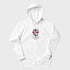 White hoodie with a rose graphic and text on a white background