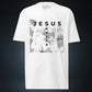 White t-shirt with 'JESUS SAVIOR' graphic design on a dark background