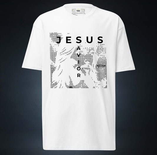 White t-shirt with 'JESUS SAVIOR' graphic design on a dark background