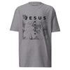 Gray t-shirt with 'Jesus Savior' graphic design on a white background