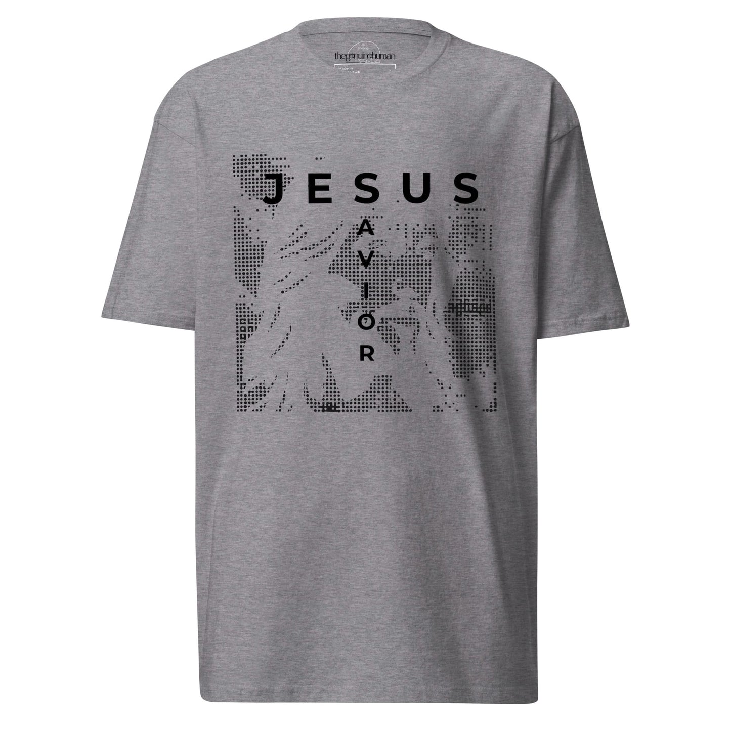Gray t-shirt with 'Jesus Savior' graphic design on a white background