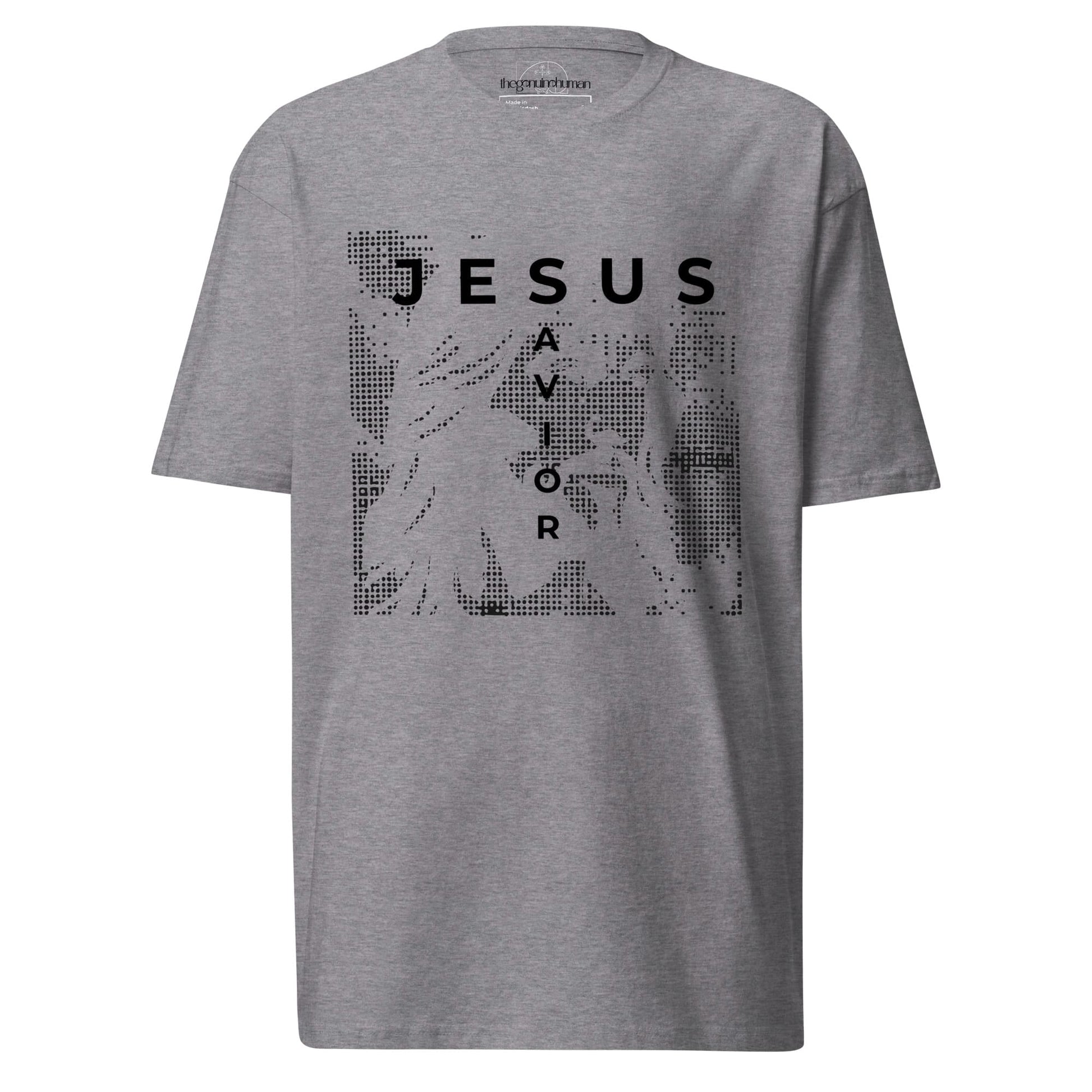 Gray t-shirt with 'Jesus Savior' graphic design on a white background