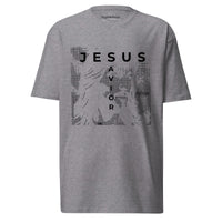 Gray t-shirt with 'Jesus Savior' graphic design on a white background