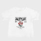 White baby t-shirt with a graphic design of a rose and text Jesus died and rose again product mockup