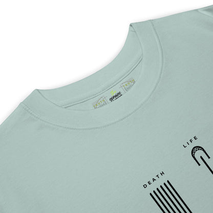 Close up of agave colored shirt with text LIFE and DEATH 