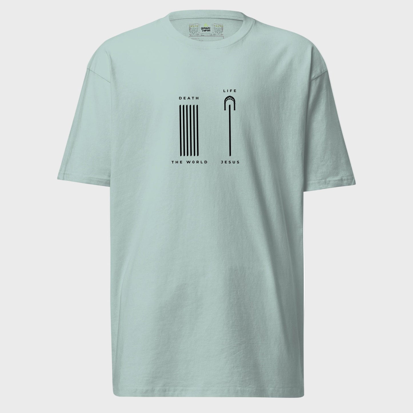 Agave colored shirt with Christian design on plain background