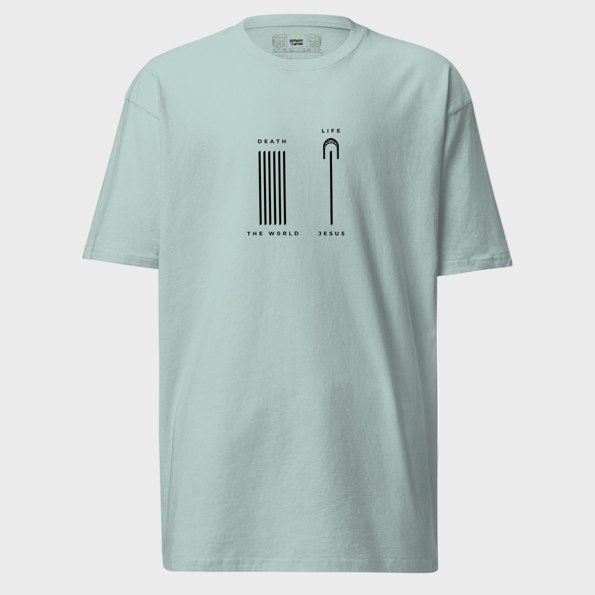 Agave colored shirt with Christian design on plain background