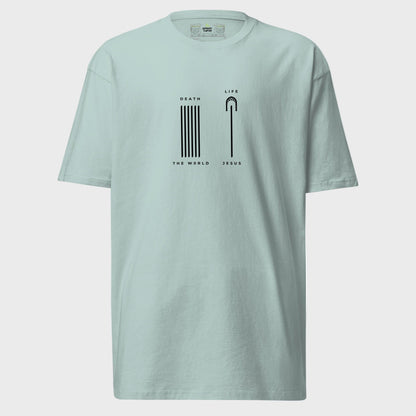 Agave colored shirt with Christian design on plain background