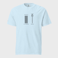 Light blue t-shirt with black graphic design on a light gray background