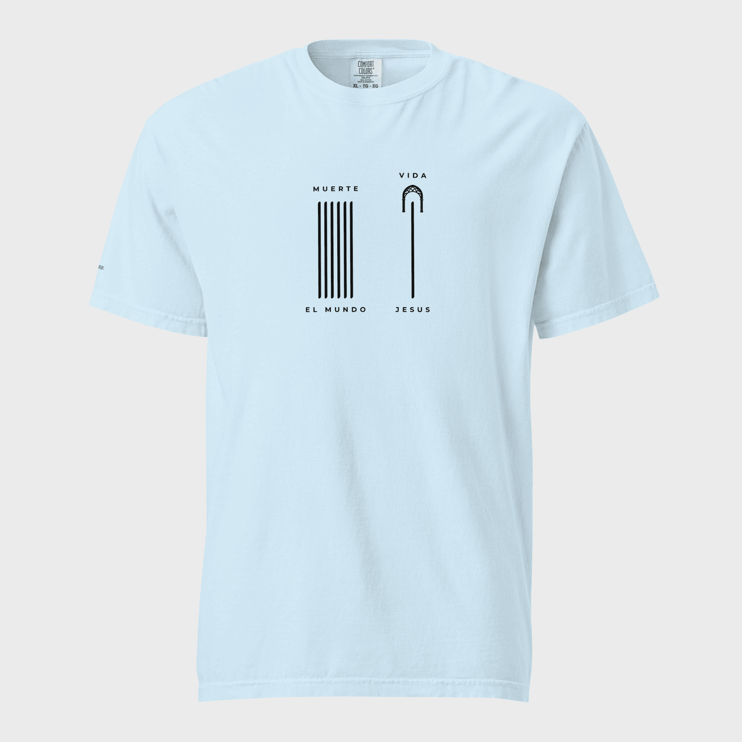 Light blue t-shirt with black graphic design on a light gray background