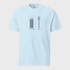 Light blue t-shirt with black graphic design on a light gray background