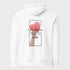 White hoodie with a pink heart and text design on a white background