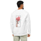 A man viewed from the back wearing a white crewneck sweatshirt with a graphic print on the back featuring a pink heart and the text 'KINDNESS THE MOST UNDERRATED VIRTUE'.