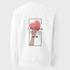 White crewneck sweatshirt with a front graphic print featuring a pink heart, a hand, and the text &