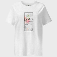 White t-shirt with a graphic design on a white background