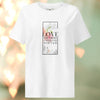 White t-shirt with a graphic design and text on a blurred background