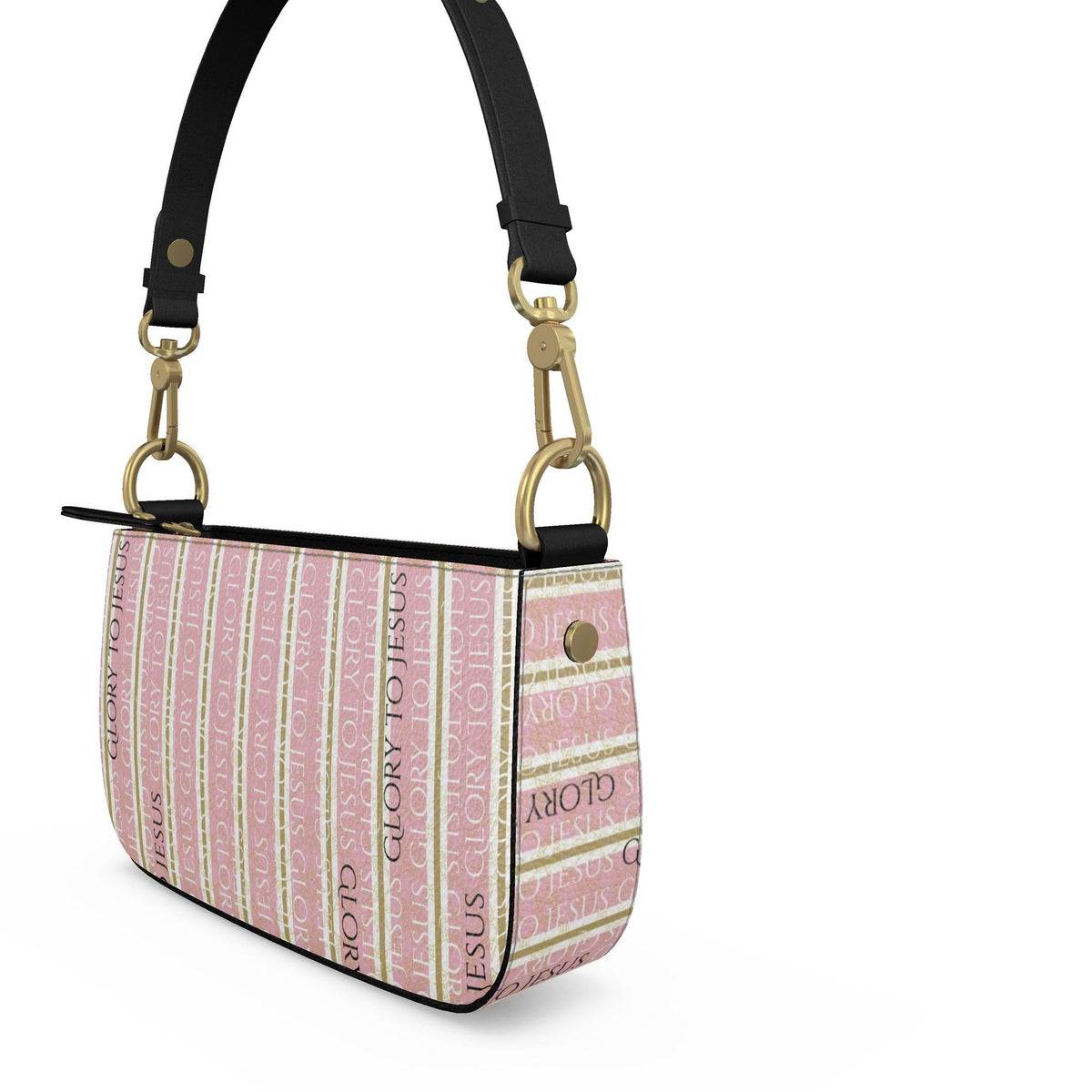 A pink and white striped handbag with 'GLORY TO JESUS' text, featuring a black shoulder strap and gold-tone hardware, shown on a white background.
