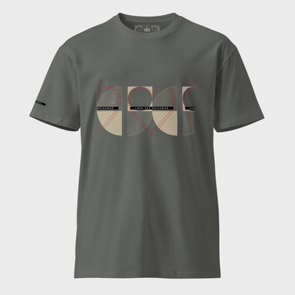 Charcoal colored-tshirt-with-text-Love_thy_neighbor-and dotted hearts-on-plain-background