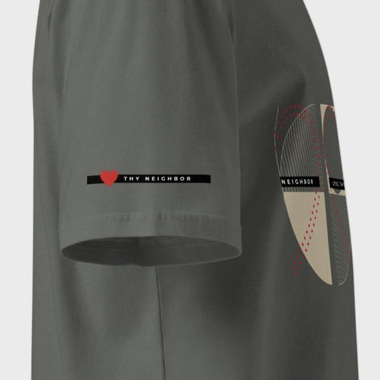 Gray shorts with a design on the leg and text on the waistband against a light gray background