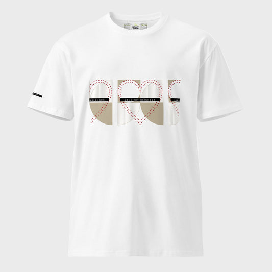 White-tshirt-with-text-Love_thy_neighbor-and dotted hearts-on-plain-background