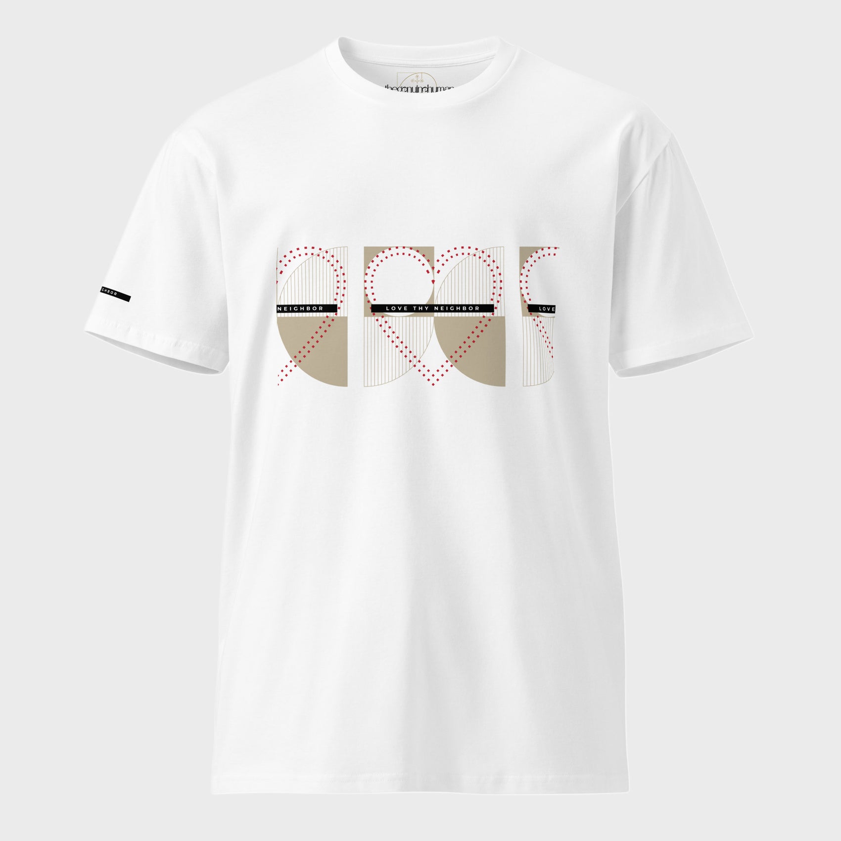 White-tshirt-with-text-Love_thy_neighbor-and dotted hearts-on-plain-background