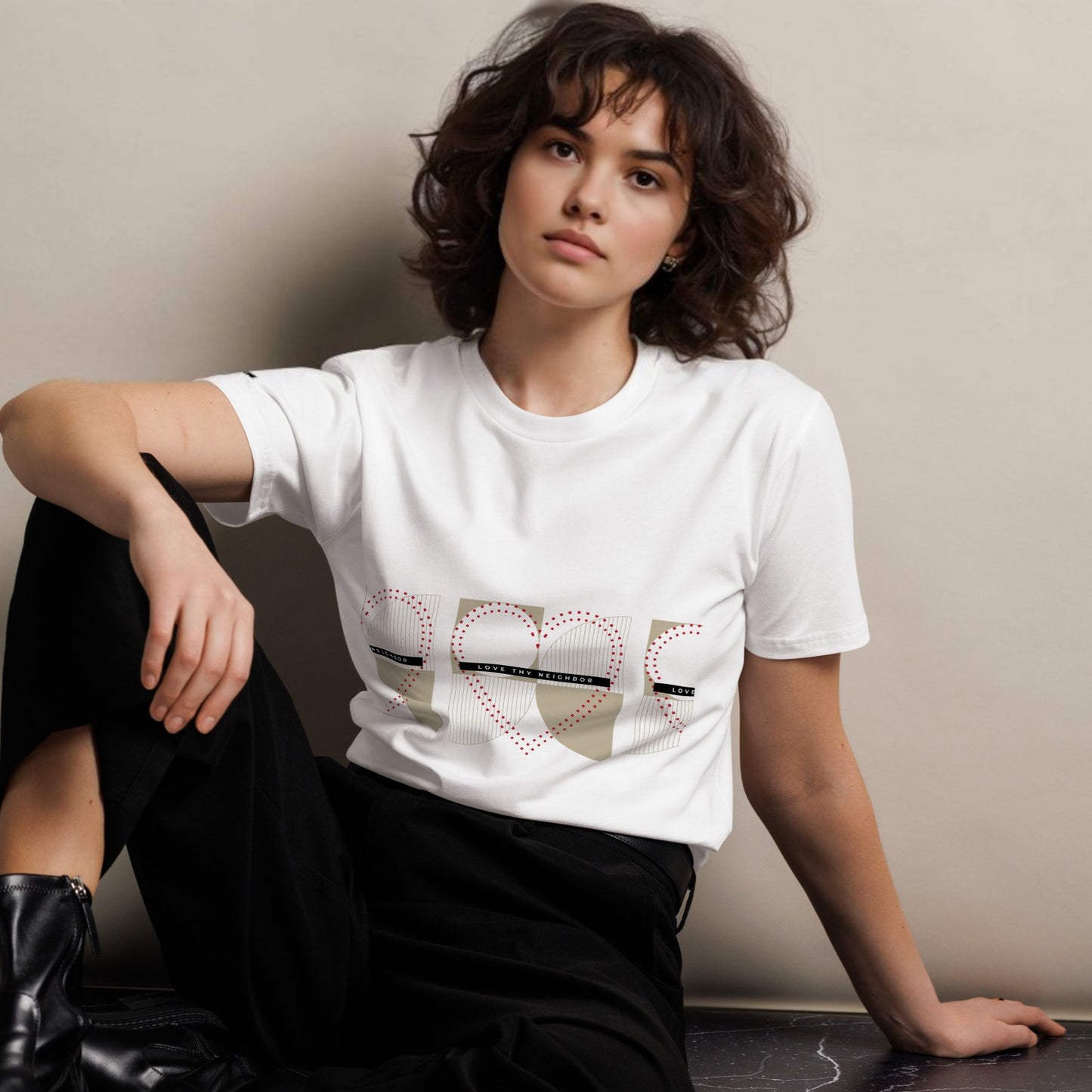 Woman-wearing-white-tshirt-with-text-Love_thy_neighbor-and dotted hearts-on-plain-background