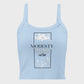 Light blue tank top with text and floral design on a white background