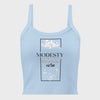 Light blue tank top with text and floral design on a white background