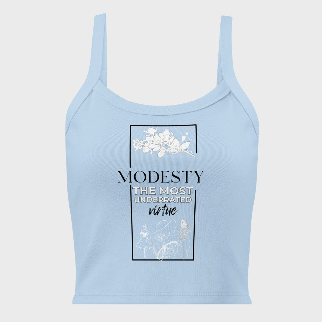 Light blue tank top with text and floral design on a white background