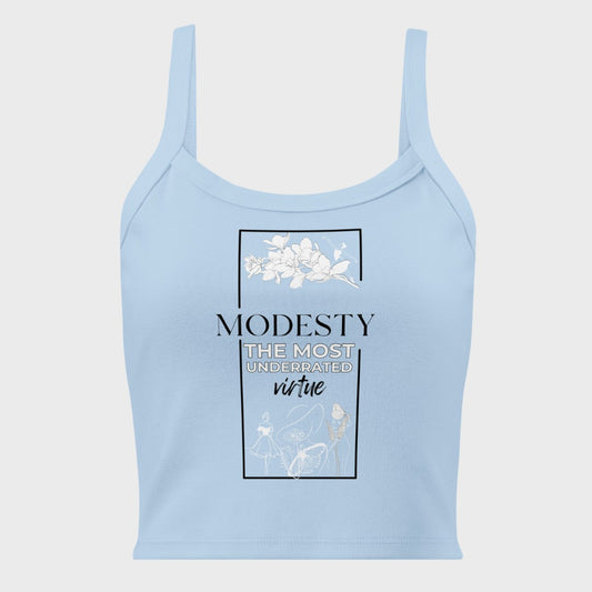 Light blue tank top with text and floral design on a white background