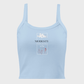 Light blue tank top with text and graphics on a white background