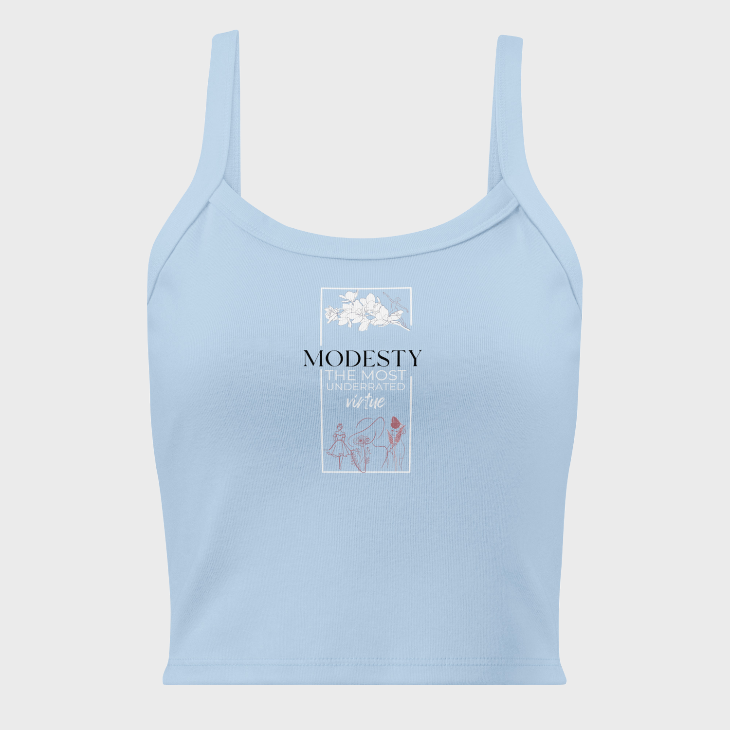 Light blue tank top with text and graphics on a white background