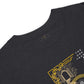 Black t-shirt with gold and white graphic design on a white background