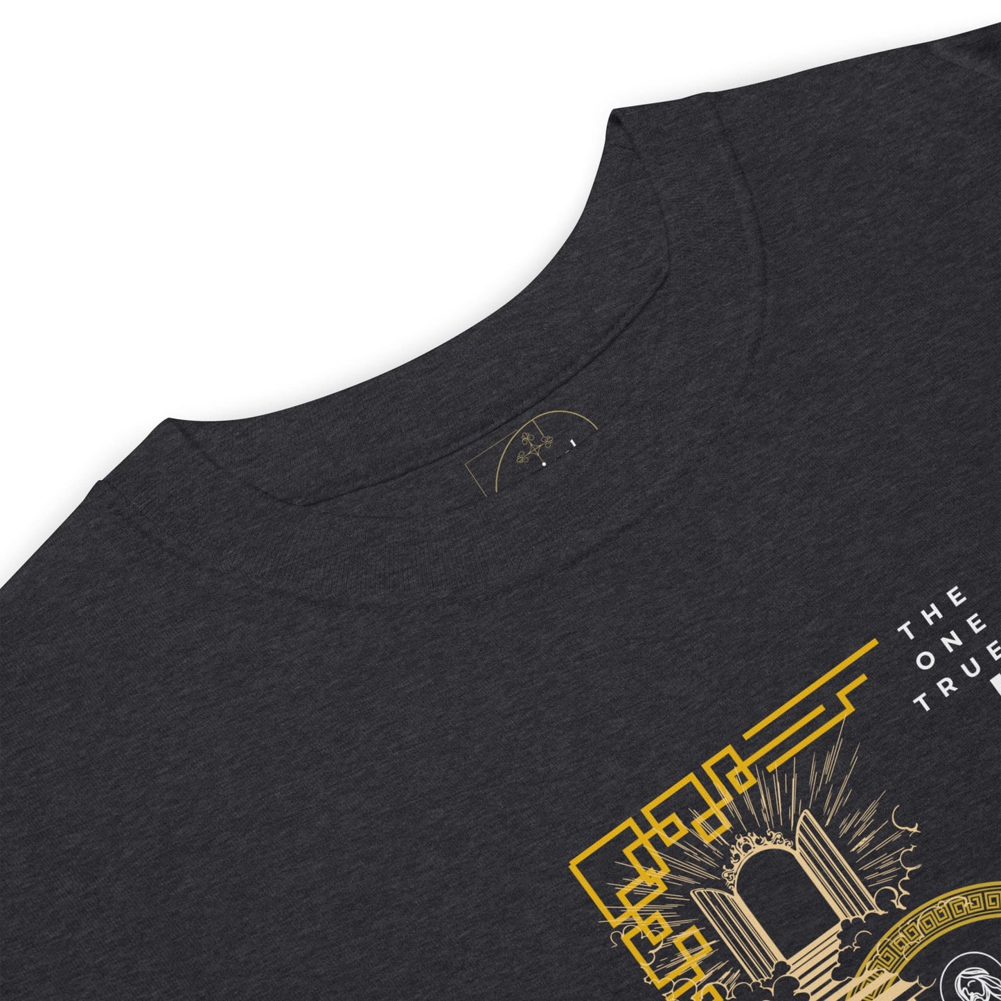 Black t-shirt with gold and white graphic design on a white background