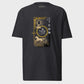 Black t-shirt with gold graphic design on a white background